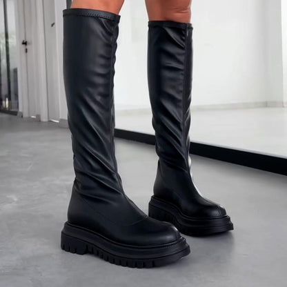 Stretch Leather Long Boots