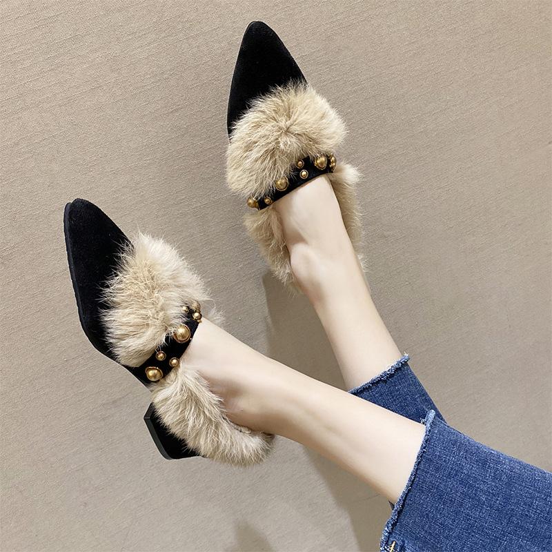 Elegant Furry Pointed Toe Slip-on Shoes