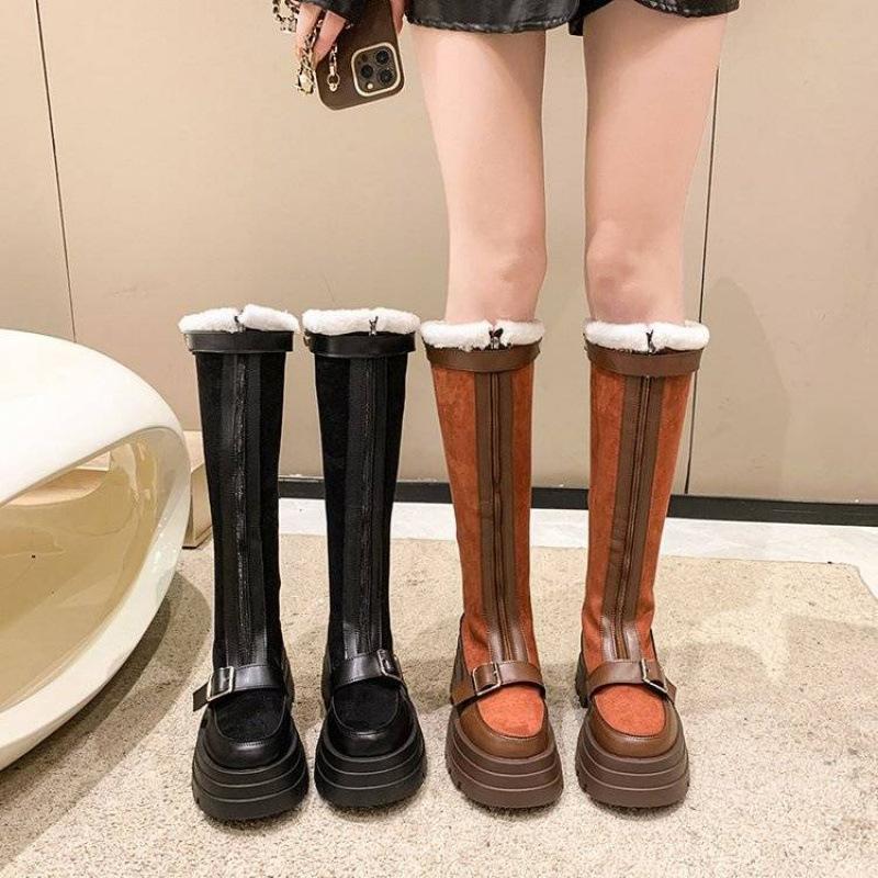 Square Buckle Fur Splicing Boots