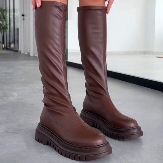 Stretch Leather Long Boots