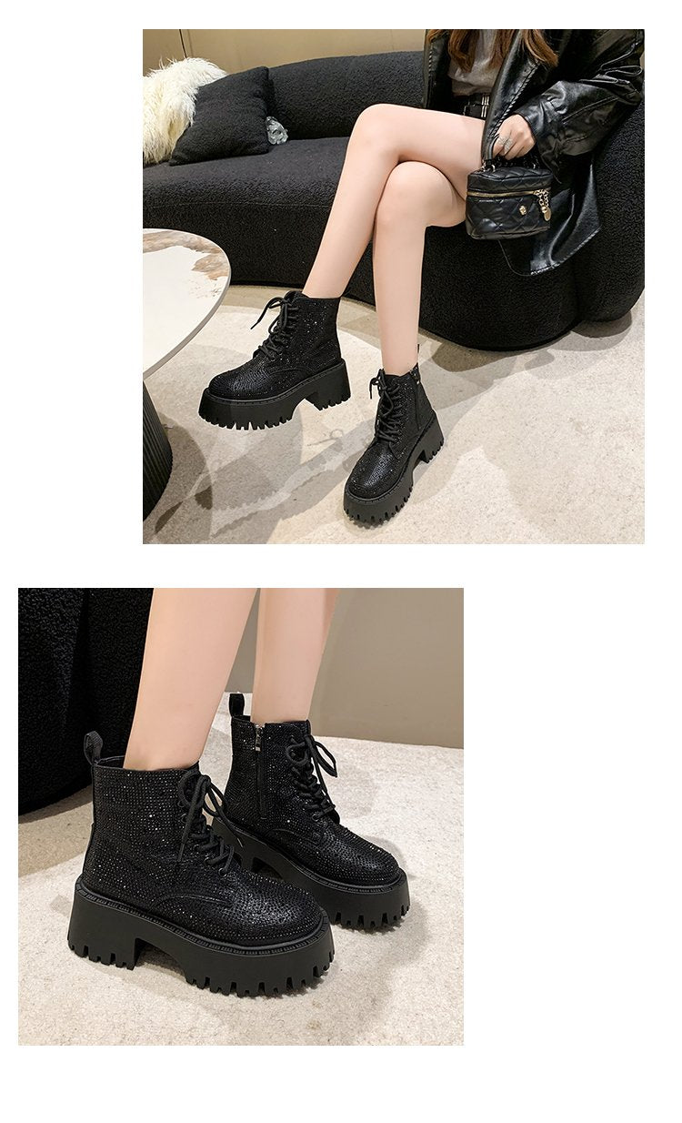 Shine Rhinestone Leather Casual Ankle Boots