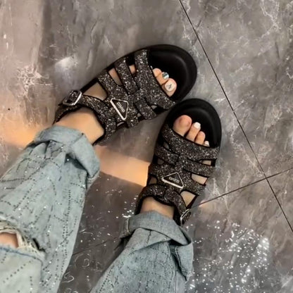 Shiny Hollow Buckle Sandals