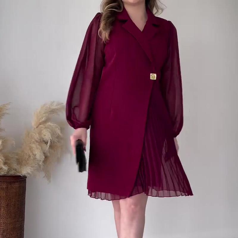 Lapel Solid Color Pleated Dress