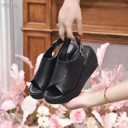 Fish Mouth Slope Heel Leather Clasp Sandals