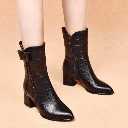 Versatile Bowknot Leather Zipper Boots