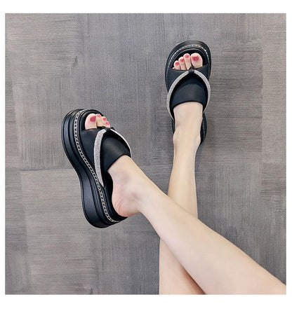 Elegance Rhinestone Leather Platform Slippers