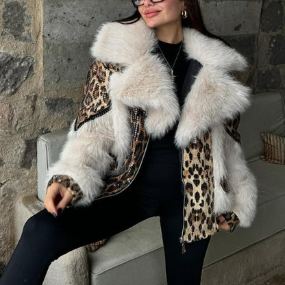 Fur Collar Leopard Coat