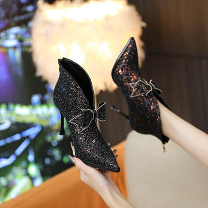 Vintage Sequins Bowknot High Heels Boots