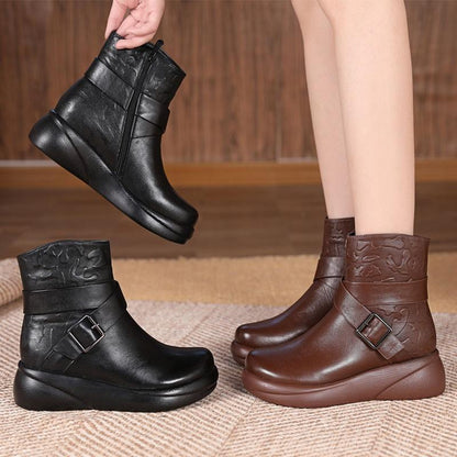 Cowhide Warm Comfort Wedges Boots