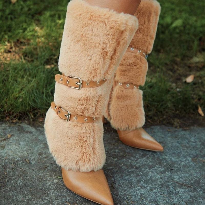 Fluffy Buckle High-Heel Long Boots