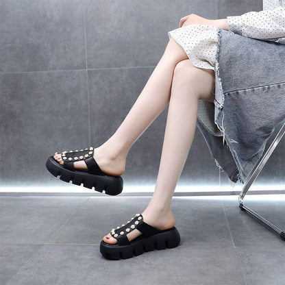 Pearl Leather Wedges Casual Sandals