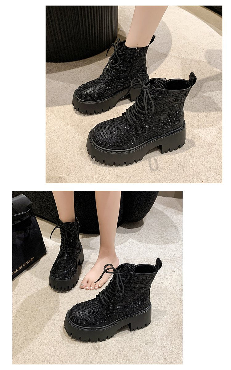 Shine Rhinestone Leather Casual Ankle Boots