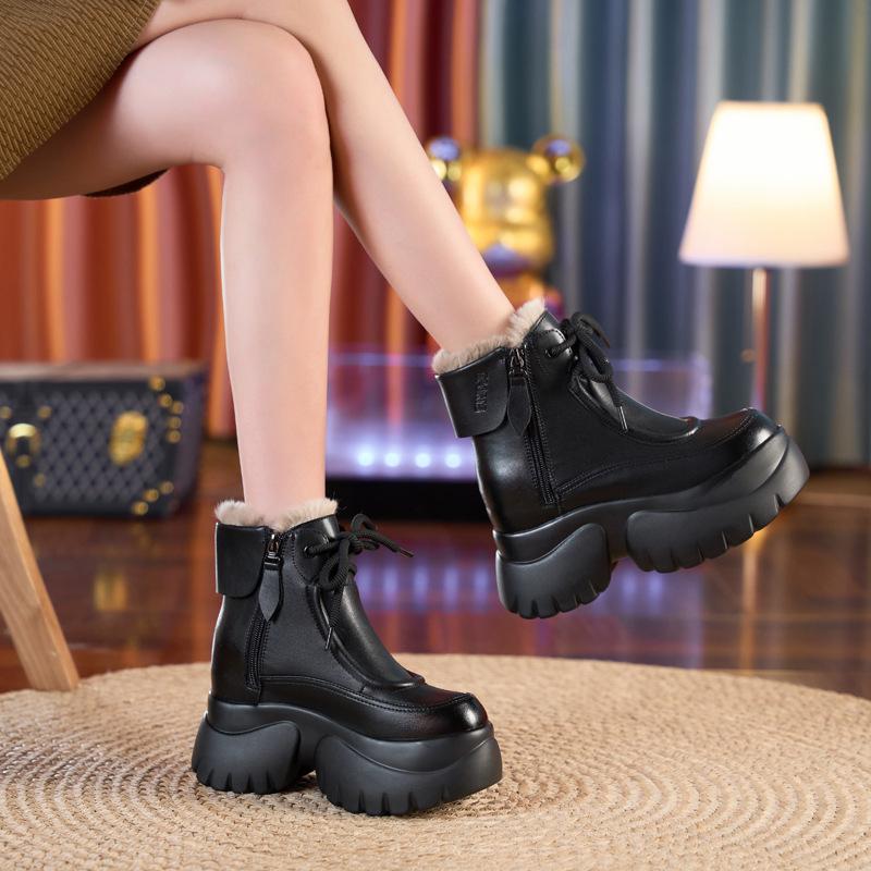 Heightening Retro Leather Chunky Boots