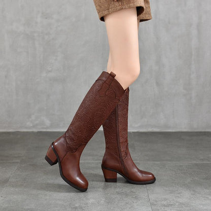 Retro Embossed High-Heel Boots