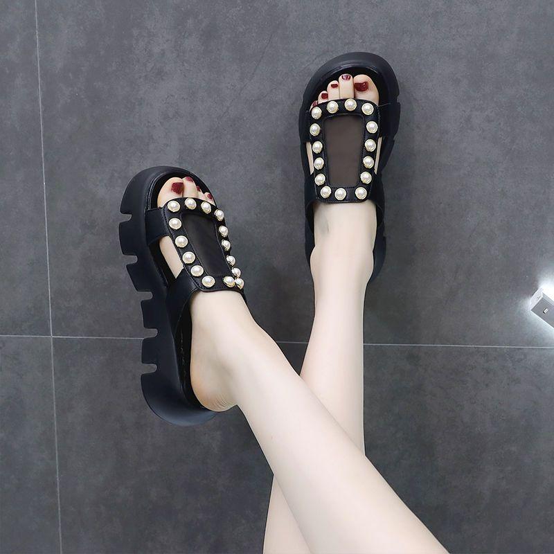 Pearl Leather Wedges Casual Sandals