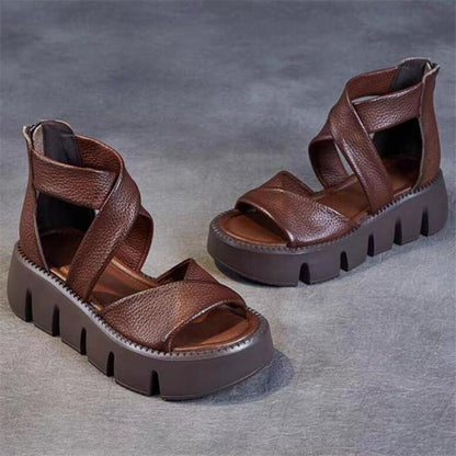 Handmade Cross Cow Leather Wedges Sandals