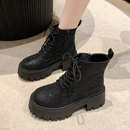 Shine Rhinestone Leather Casual Ankle Boots