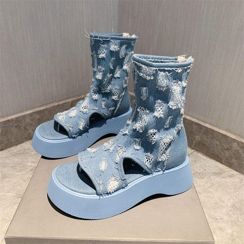 Denim Hollow Open Toe Boots