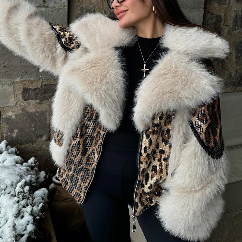 Fur Collar Leopard Coat