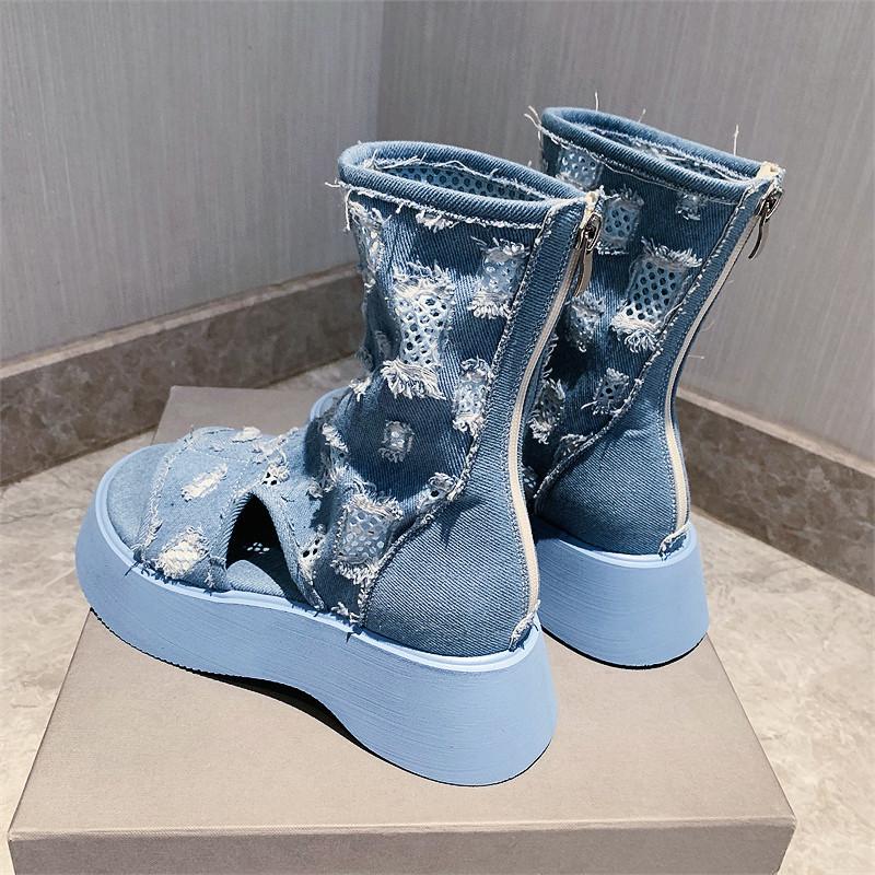 Denim Hollow Open Toe Boots