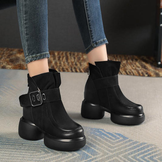 Goth Leather Mid Heels Chunky Boots