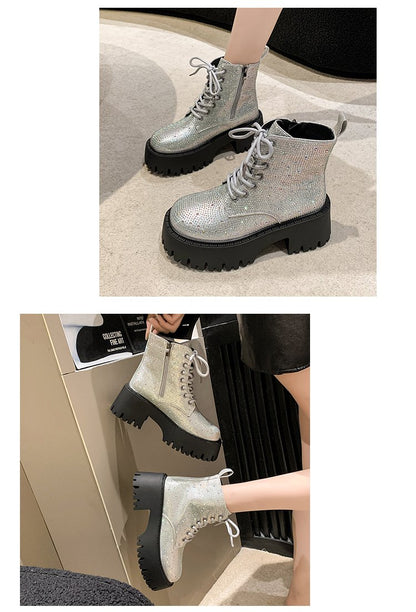 Shine Rhinestone Leather Casual Ankle Boots