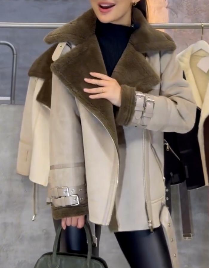 Beige Leather Padded Jacket