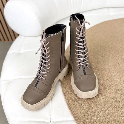 Solid Color Lace-Up Boots