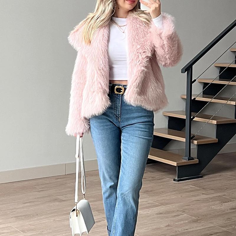 Pink Casual Fur Coat