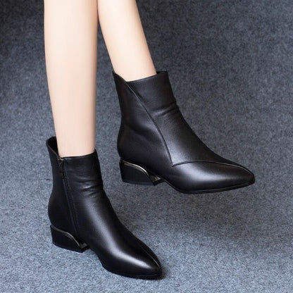 Black Soft Leather Thick Heel Boots