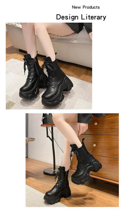 Wedge Retro Leather Lace-Up Chunky Boots