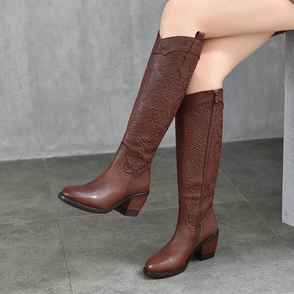 Retro Embossed High-Heel Boots