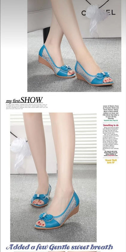 Shallow Leather Butterfly-knot Mesh Shoes