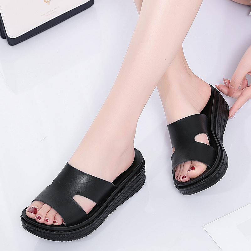 Leather Wedges Heels Solid Slippers