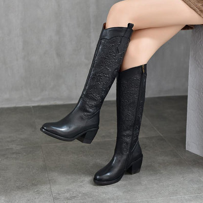 Retro Embossed High-Heel Boots