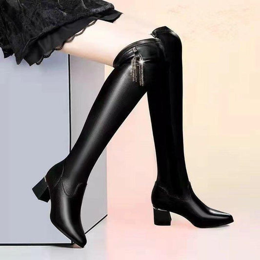 Soft Leather Elastic Knee-Length Boots