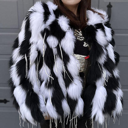 Black-White Fur Fringe Coat