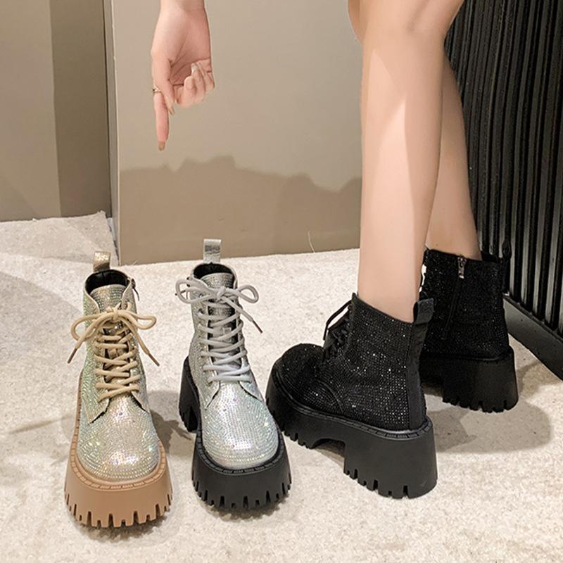 Shine Rhinestone Leather Casual Ankle Boots