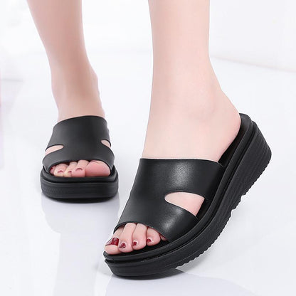 Leather Wedges Heels Solid Slippers