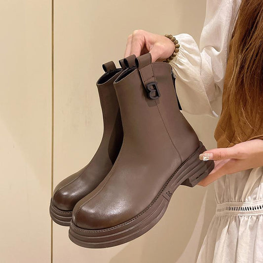Round Toe High Quality Leather Ankle Boots
