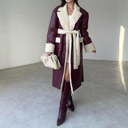 Lamb's Wool Leather Belted Coat