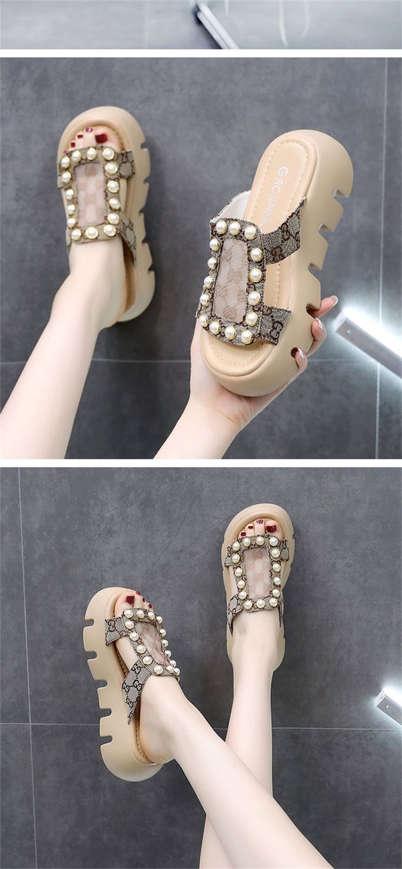 Pearl Leather Wedges Casual Sandals