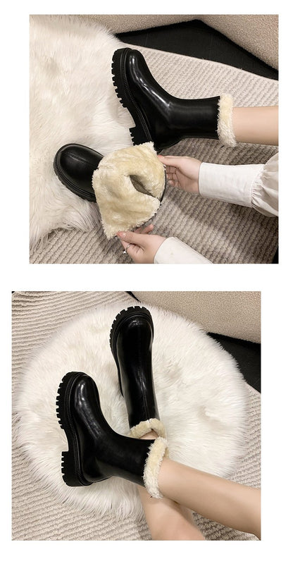 Solid Color Fur Fleece Lined Waterproof Snow Boots