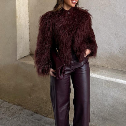 Burgundy Fur Casual Coat