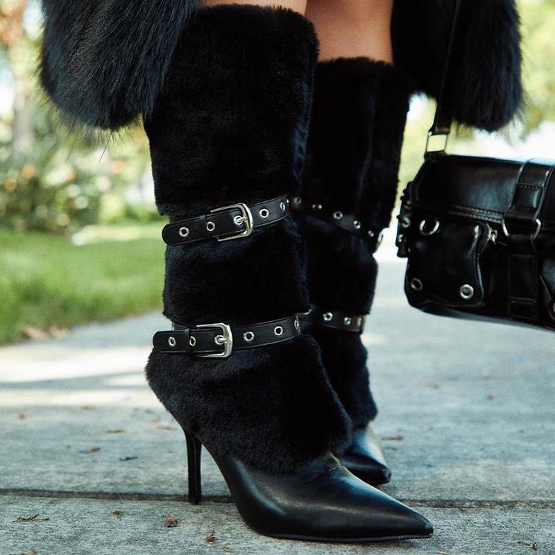 Fluffy Buckle High-Heel Long Boots