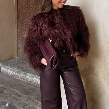 Burgundy Fur Casual Coat