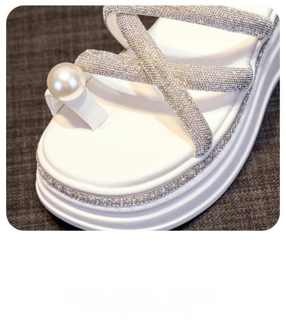 Pearl Toe Strap Rhinestone Slipper