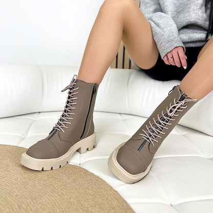 Solid Color Lace-Up Boots