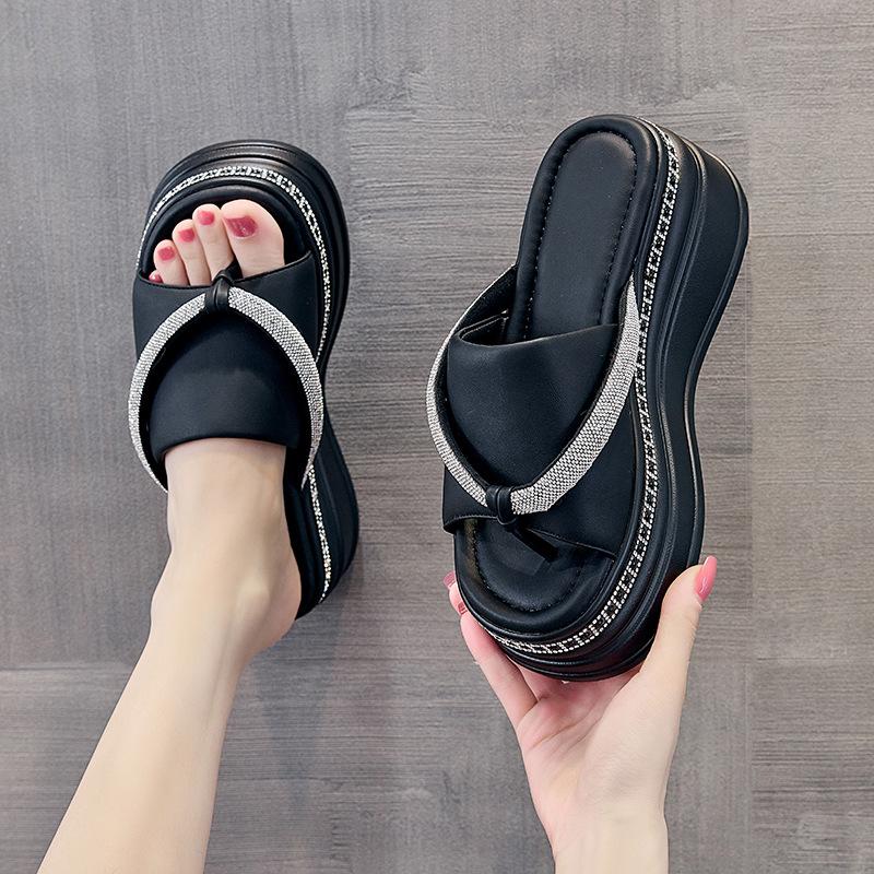 Elegance Rhinestone Leather Platform Slippers