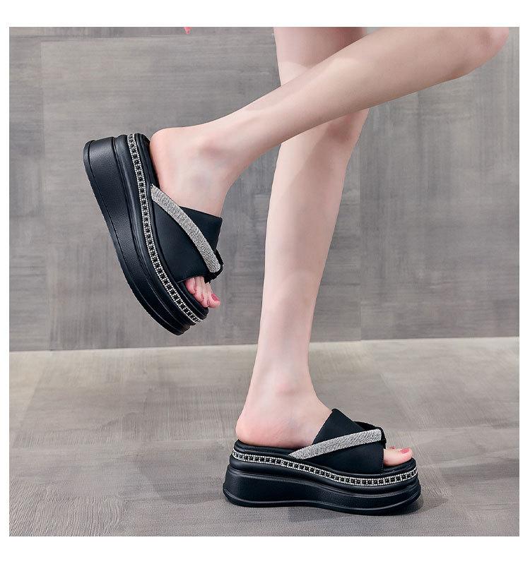 Elegance Rhinestone Leather Platform Slippers